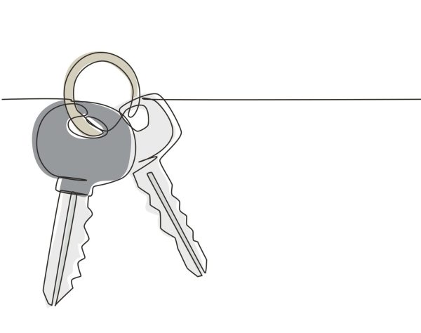 Single continuous line drawing bunch of keys icon House apartment rental for sale concept The concept of privacy, security and protection Dynamic one line draw graphic design vector illustration